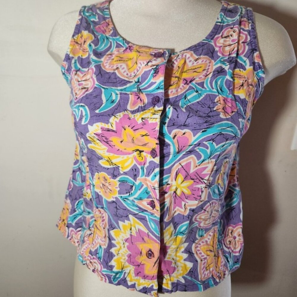 EZ Spirit y2k Floral Print Blouse Top‎ Purple Pink Yellow Aqua Size 16 adult Sm